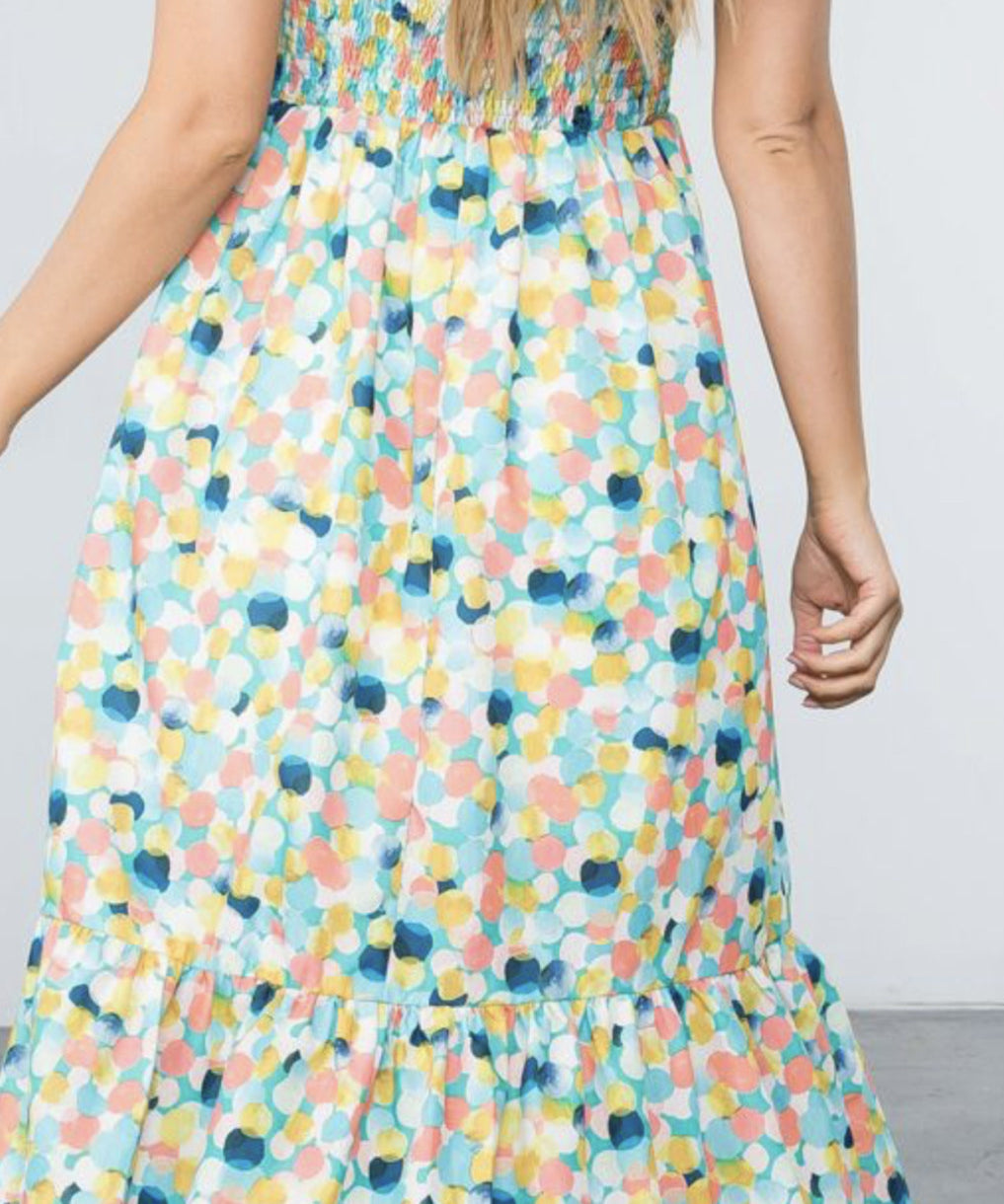 POLKA DOT SMOCKED MIDI DRESS