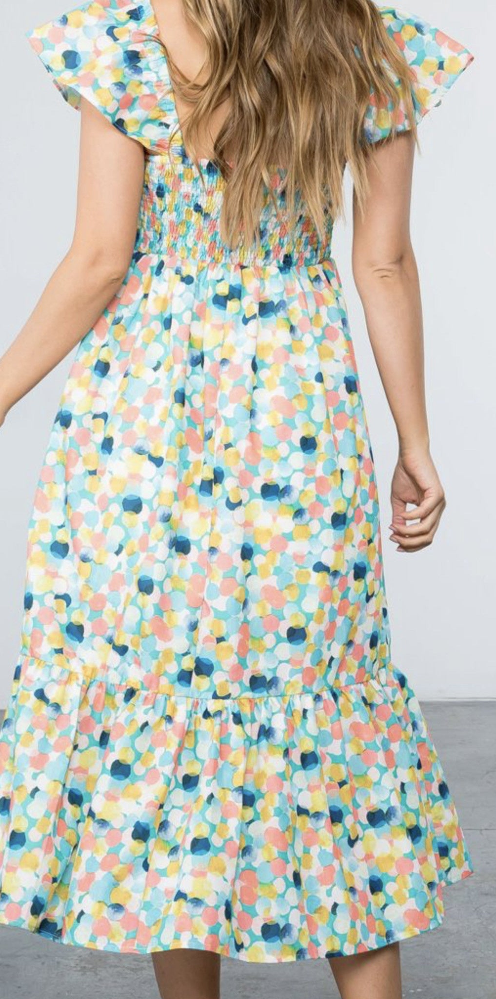 POLKA DOT SMOCKED MIDI DRESS