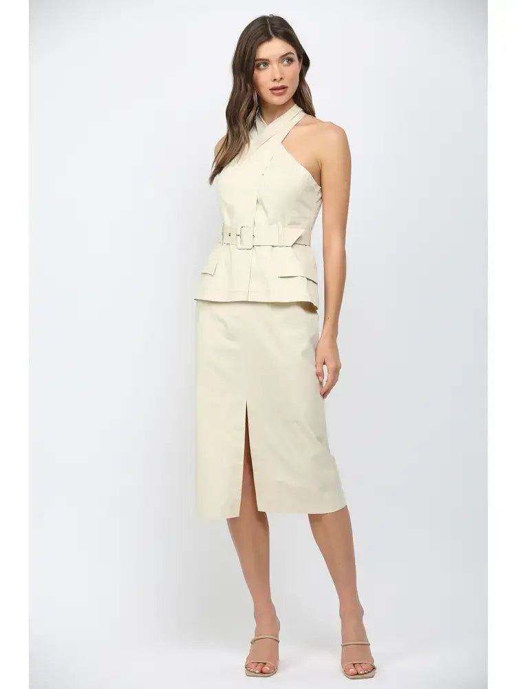 FARRAH CROSS OVER NECK BELTED MIDI DRESS