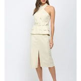 FARRAH CROSS OVER NECK BELTED MIDI DRESS