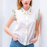 RUFFLE SSLV LEMON EMBROIDERED TOP