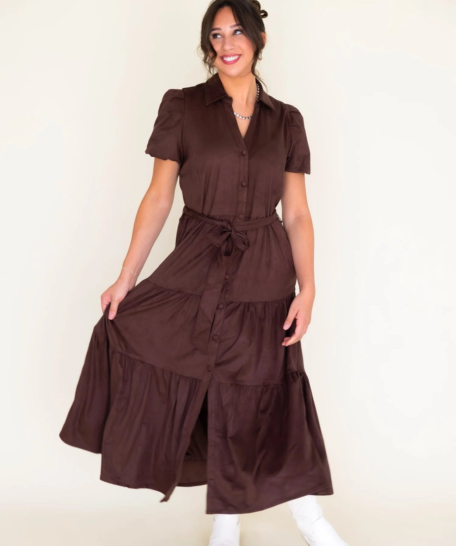 CHOCOLATE TIERED SUEDE MIDI