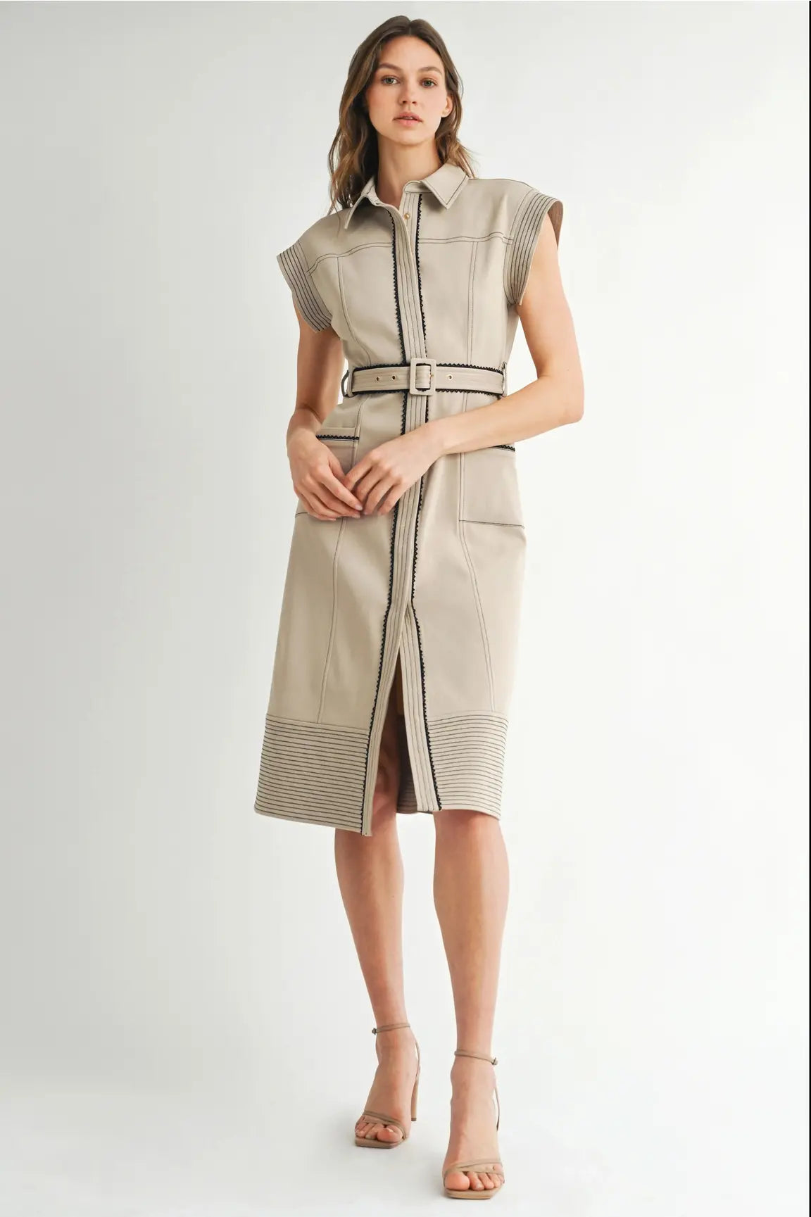 COLLARD BLACK ACCENT MIDI DRESS W/BELT