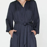 ROUND NECK SILKY PLEATED MIDI DRESS