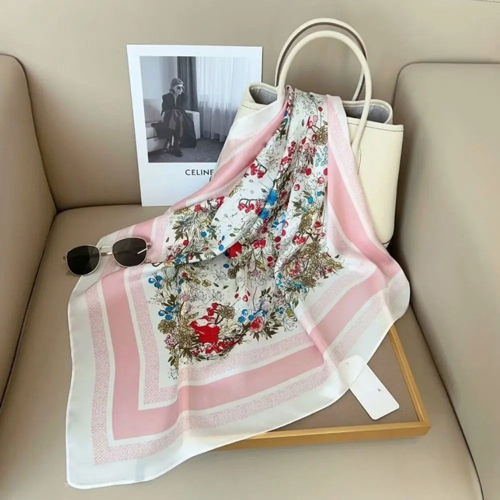 FLOWER SILKY PINK BANDANA SQUARE NECK SCARF