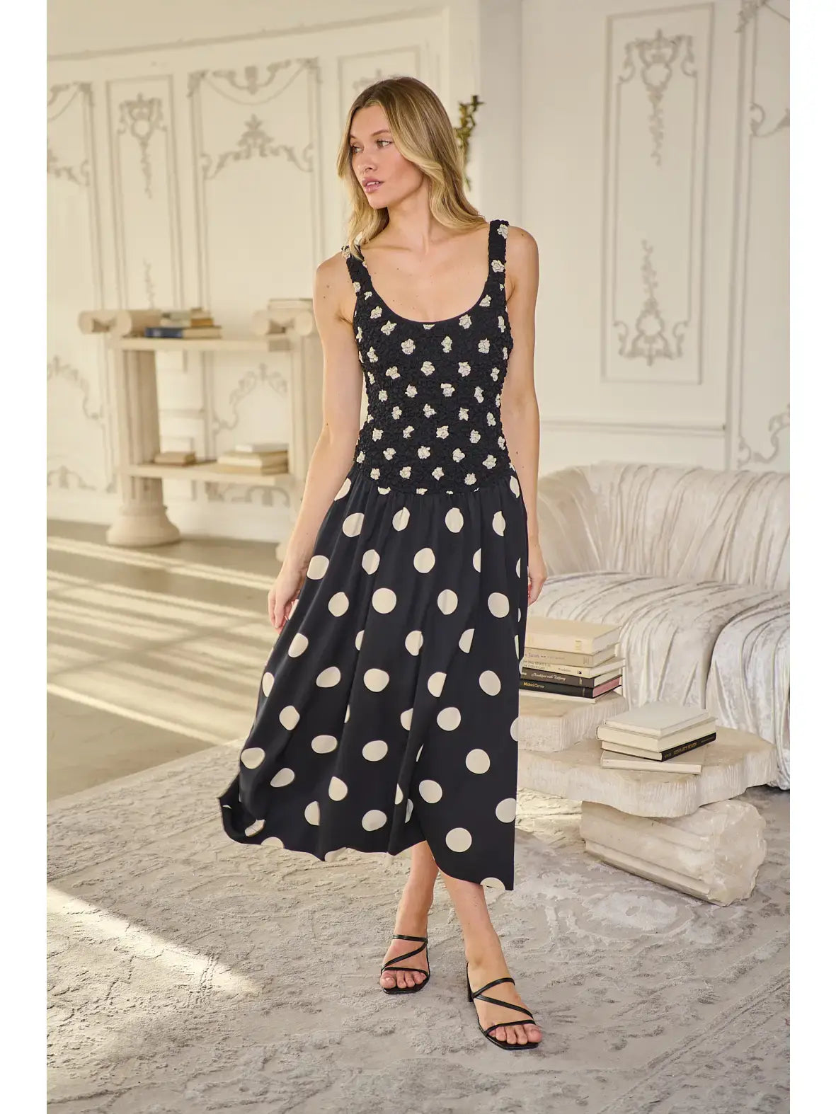 EMERSON DOT RUCHED MIDI DRESS