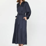 ROUND NECK SILKY PLEATED MIDI DRESS