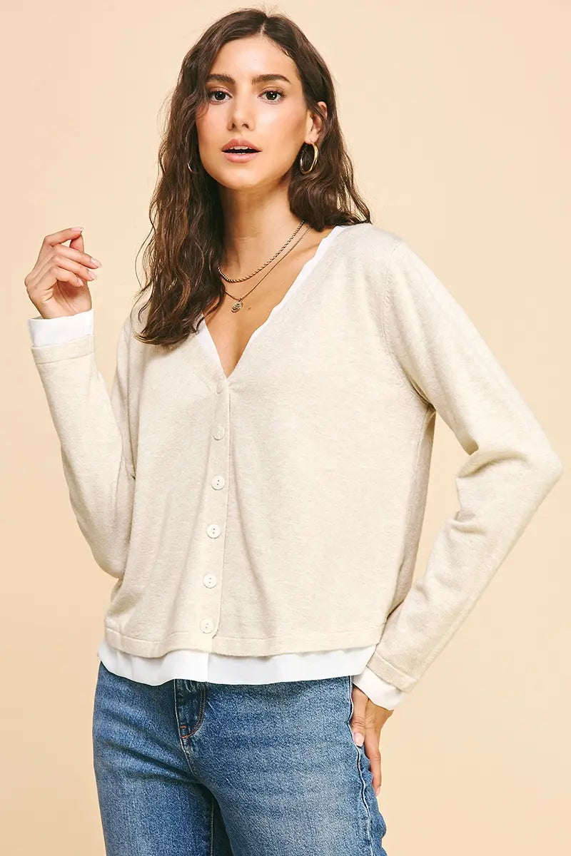 VNECK BUTTON DOWN COMBO TOP