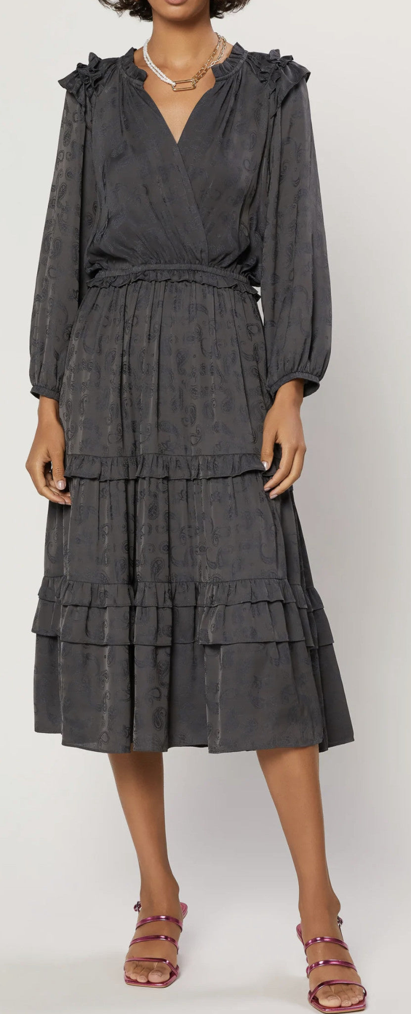 RUFFLE DETAIL TIERED MIDI DRESS