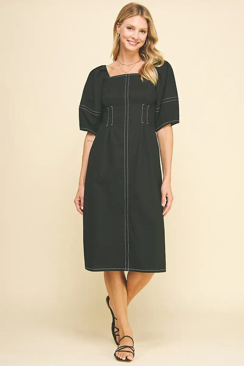 SQUARE NECK STITCH MIDI DRESS