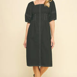 SQUARE NECK STITCH MIDI DRESS