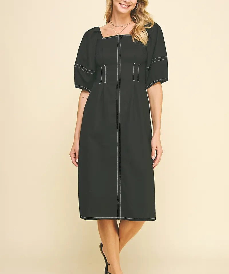 SQUARE NECK STITCH MIDI DRESS