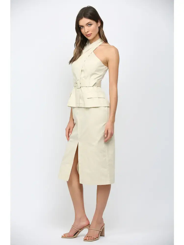 FARRAH CROSS OVER NECK BELTED MIDI DRESS