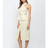 FARRAH CROSS OVER NECK BELTED MIDI DRESS