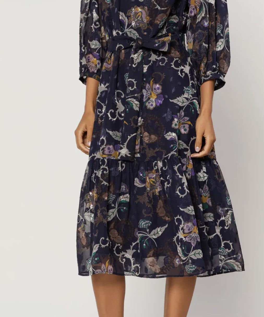FLORAL JACQUARD LSLV MIDI DRESS