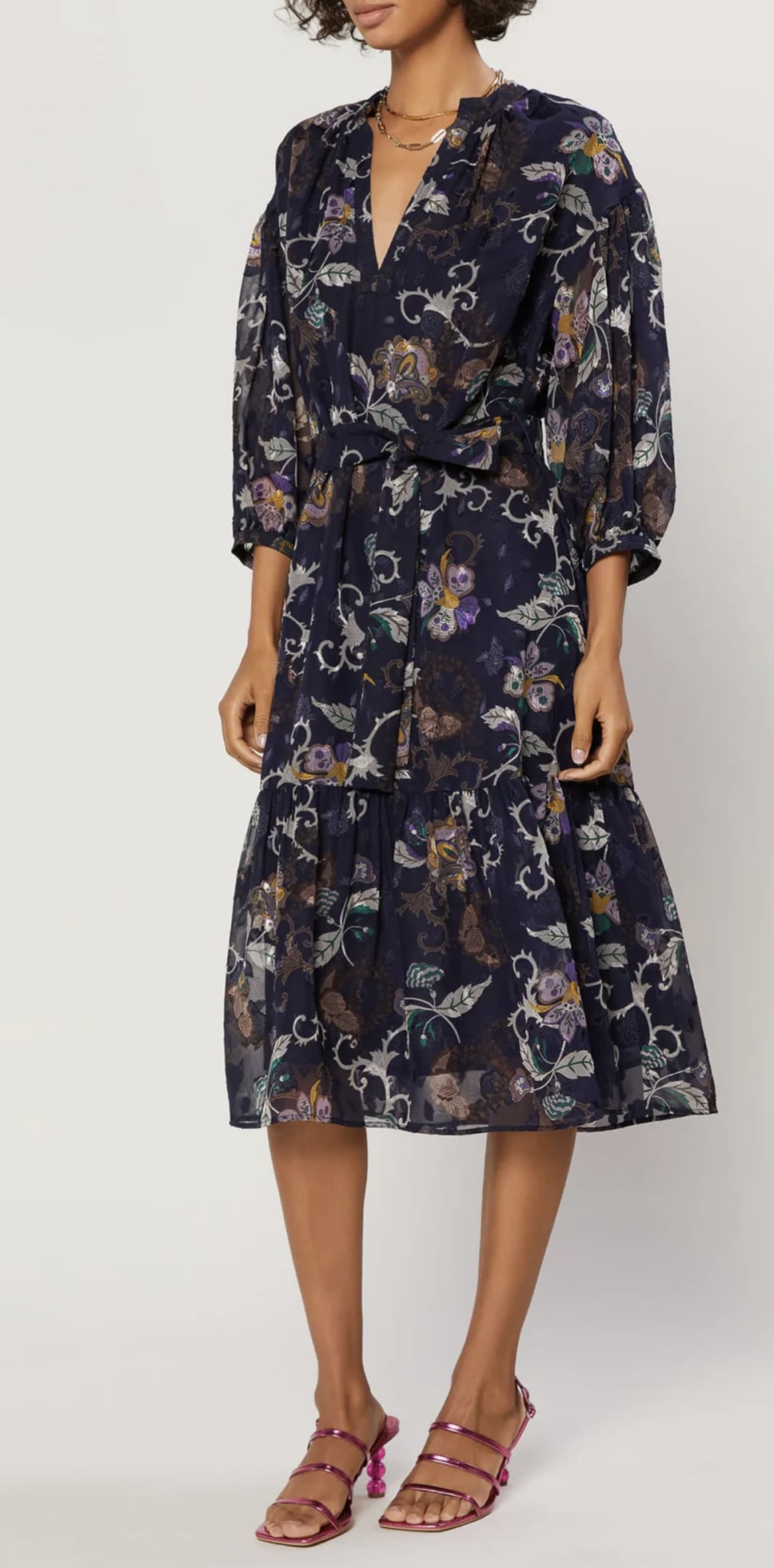 FLORAL JACQUARD LSLV MIDI DRESS