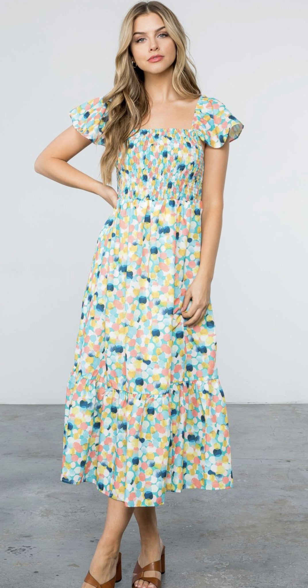 POLKA DOT SMOCKED MIDI DRESS