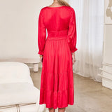 V NECK SATIN TIERED MIDI DRESS