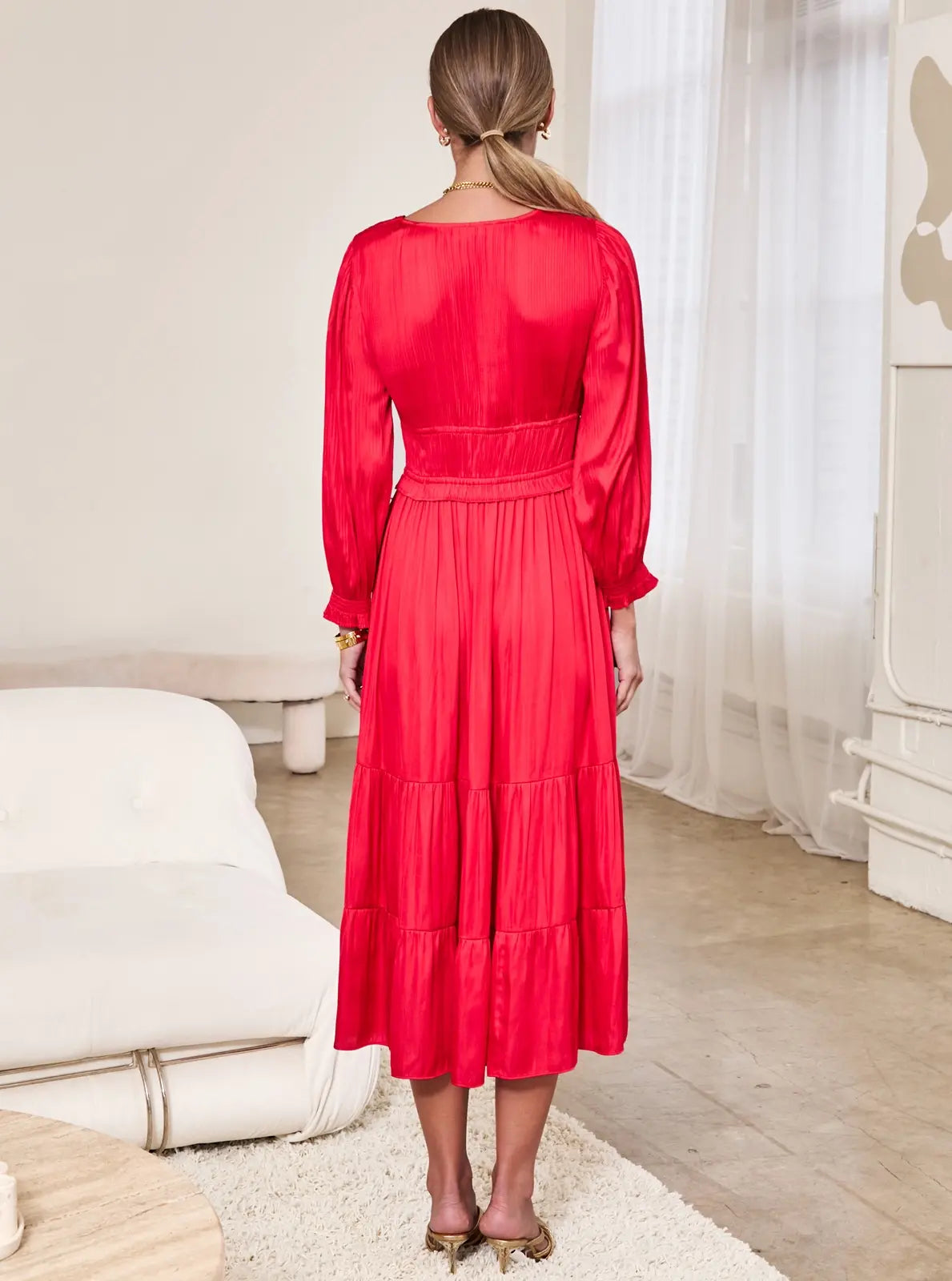 V NECK SATIN TIERED MIDI DRESS
