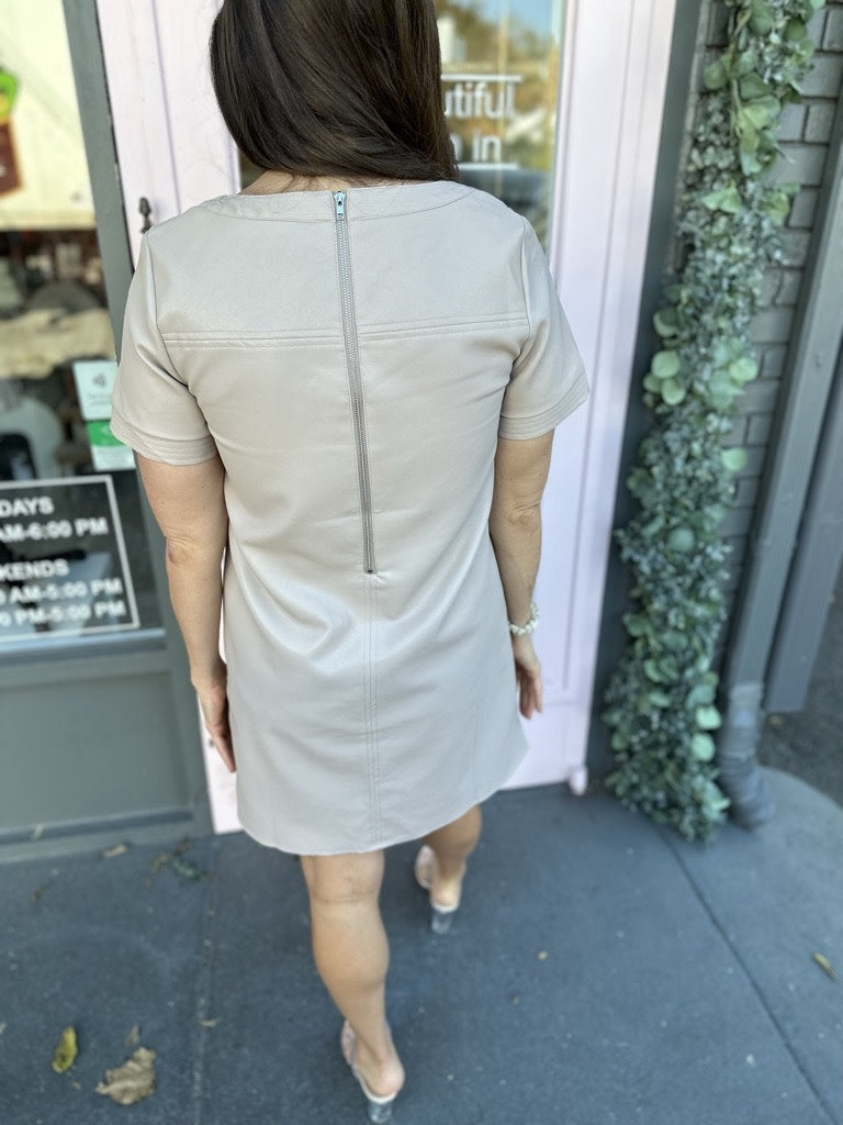 SHORT SLEEVE LEATHER SHIFT DRESS