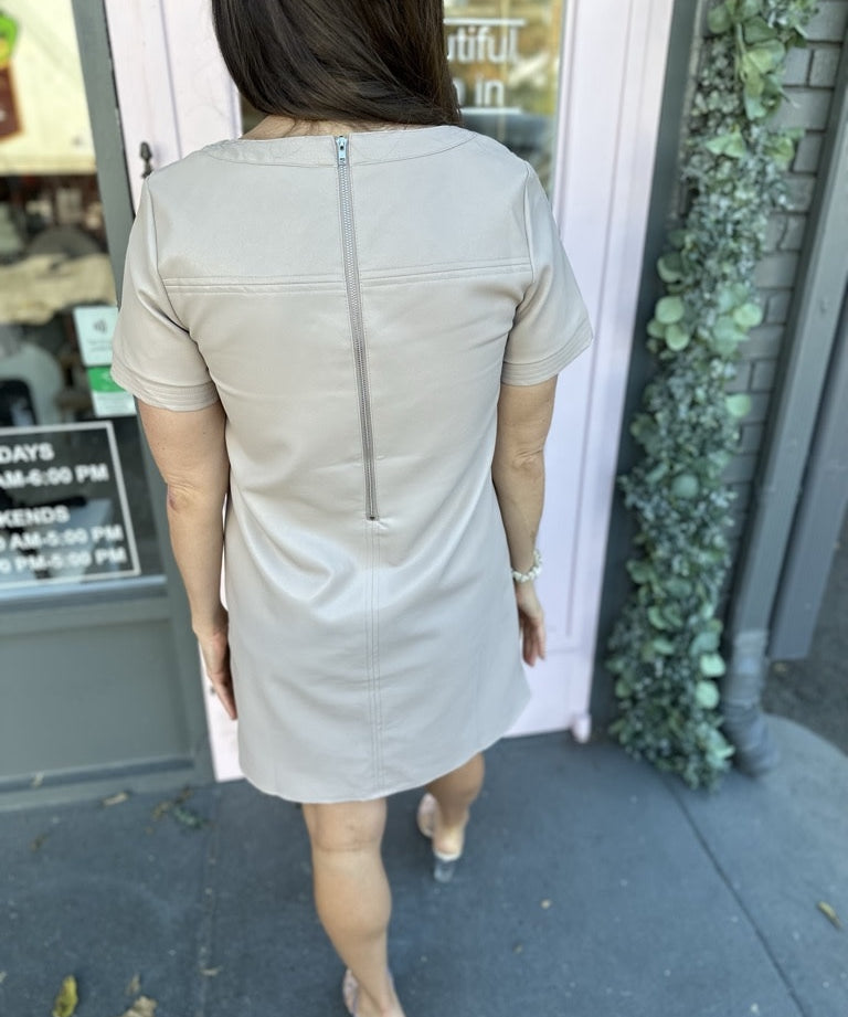 SHORT SLEEVE LEATHER SHIFT DRESS
