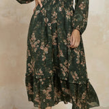 V NECK PRINT RUFFLE MIDI DRESS