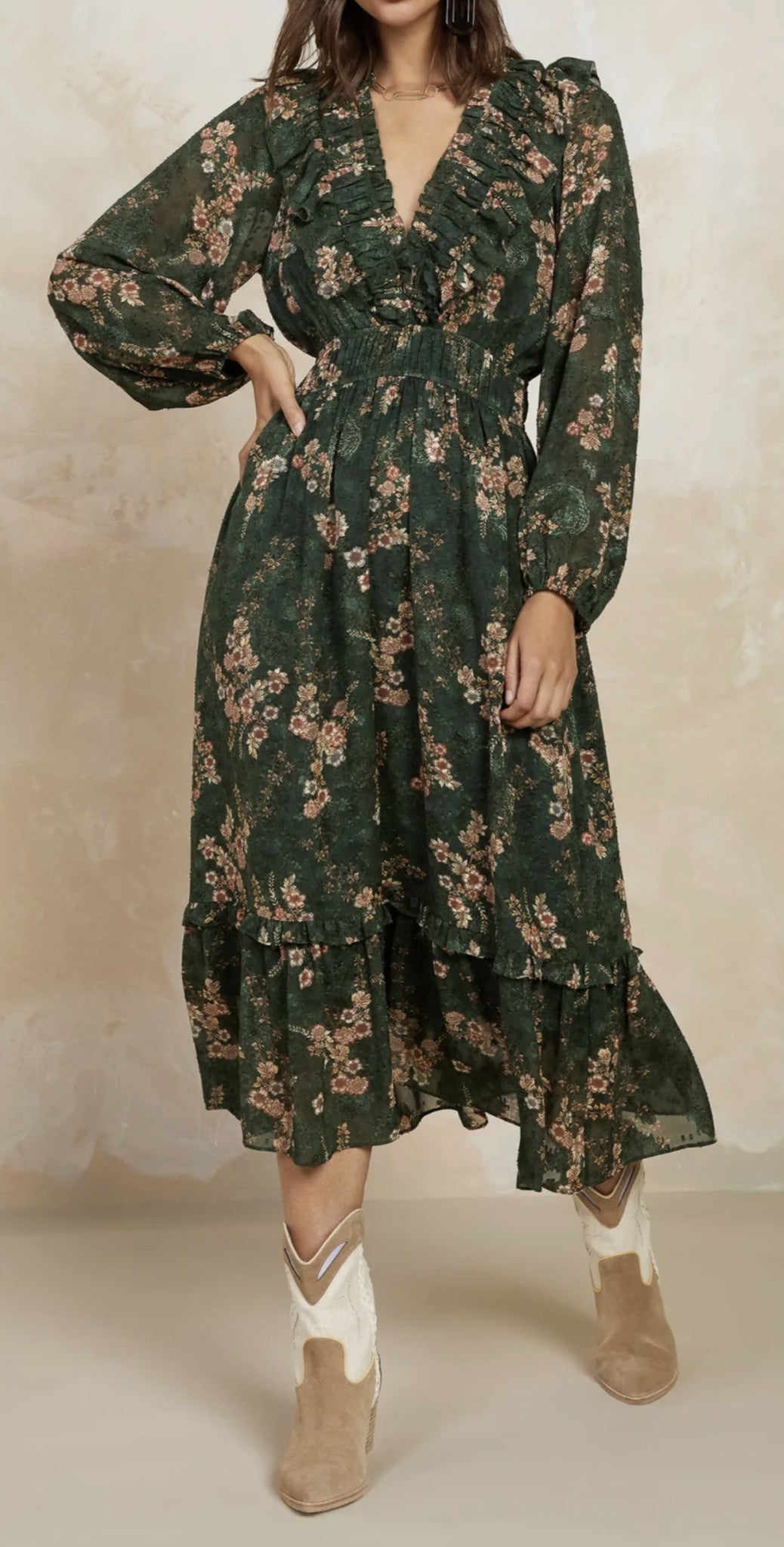 V NECK PRINT RUFFLE MIDI DRESS