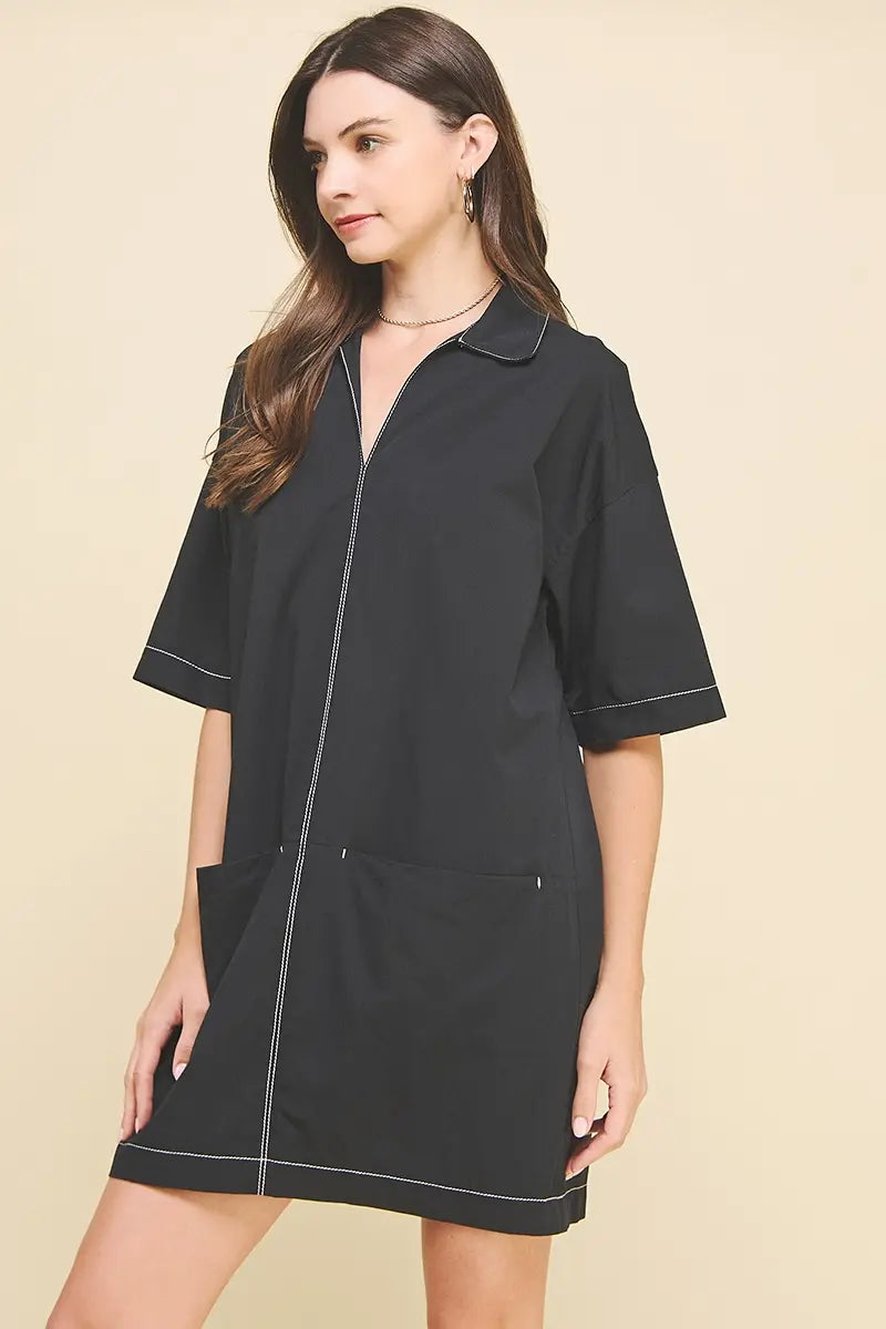 V NECK STITCH MINI DRESS