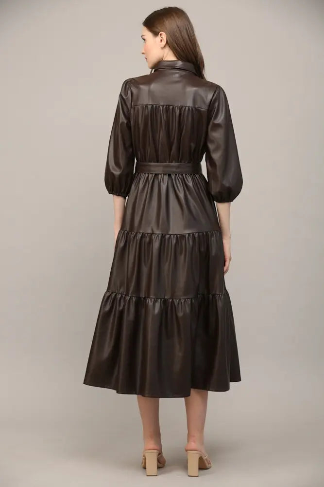 FAUX LEATHER TIERED MIDI DRESS
