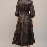 FAUX LEATHER TIERED MIDI DRESS
