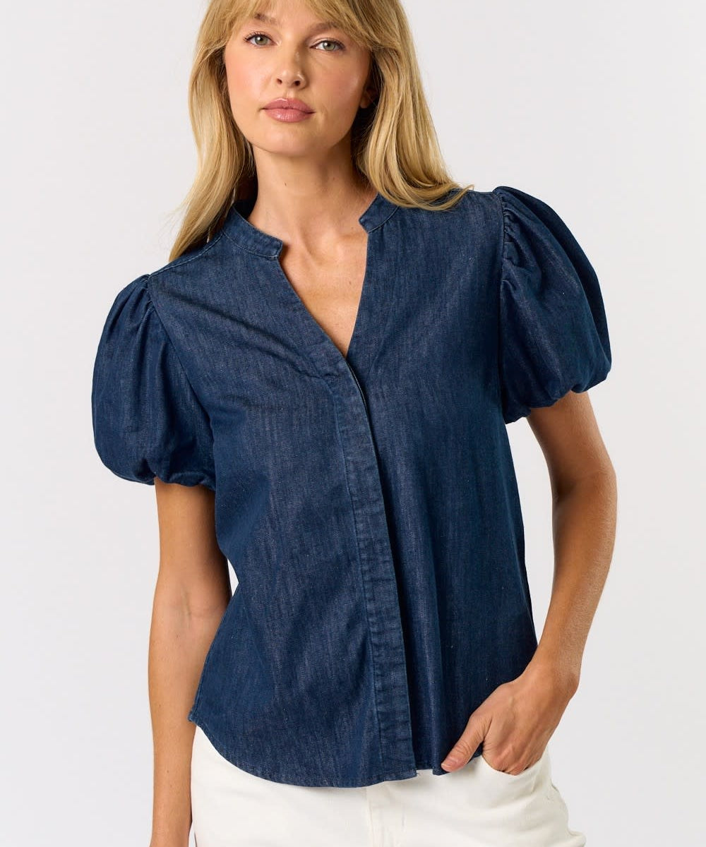 DENIM PUFF SLEEVE VNECK BLOUSE