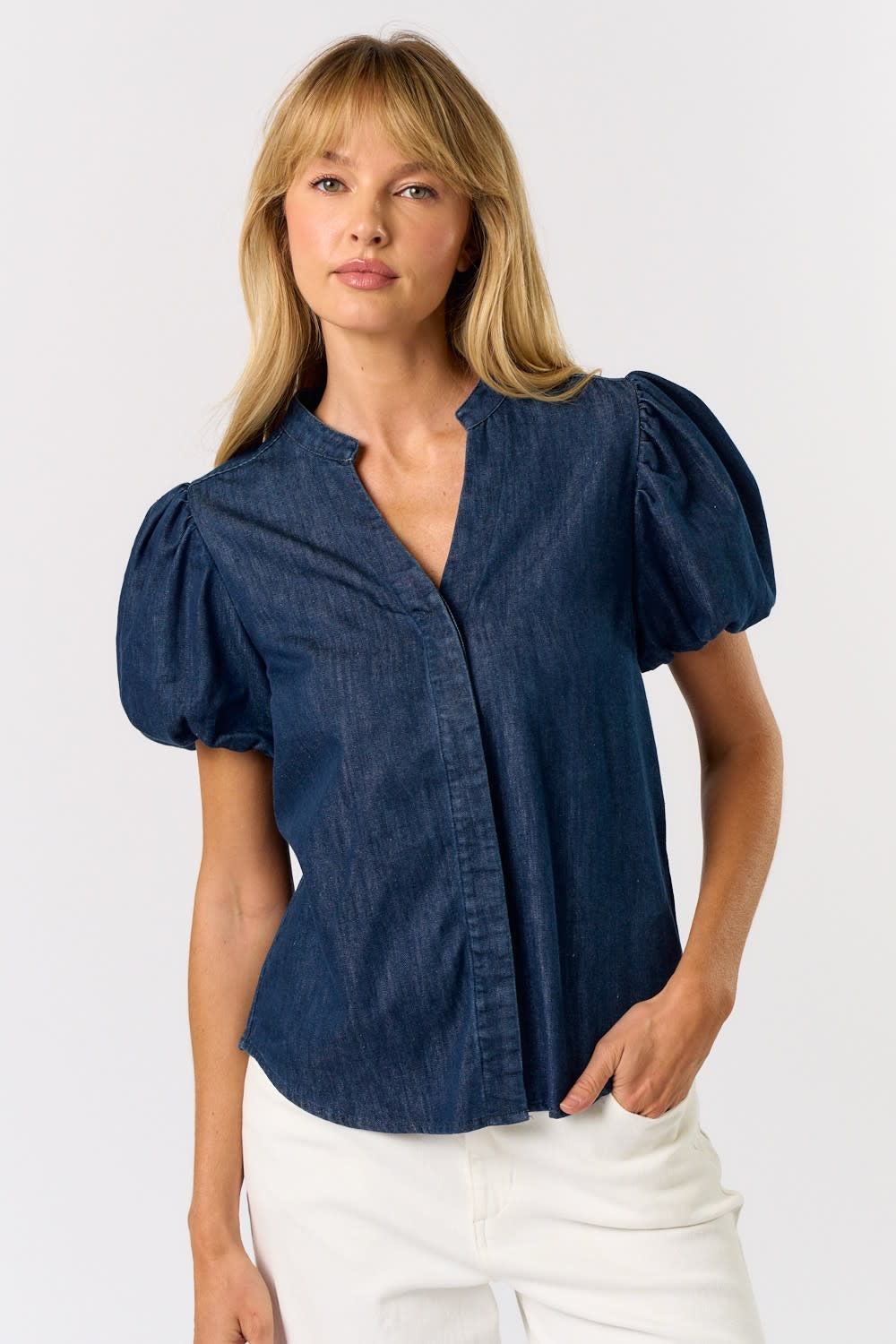 DENIM PUFF SLEEVE VNECK BLOUSE