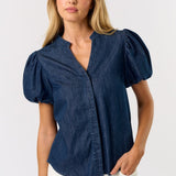 DENIM PUFF SLEEVE VNECK BLOUSE