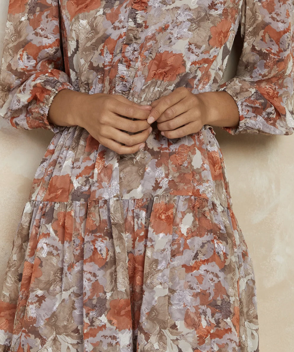 RUFFLE V NECK TIERED PICOT DRESS