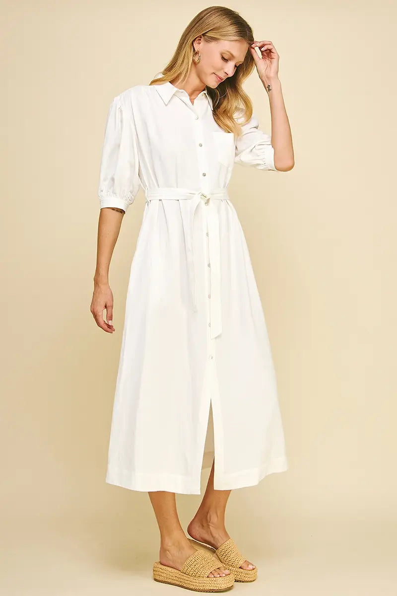LINEN BUTTON DOWN MIDI DRESS