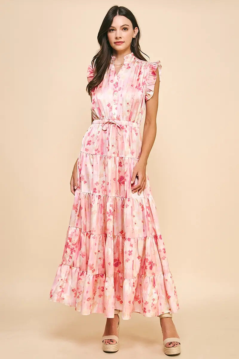 SATIN TIERED PRINTED MAXI DRESS