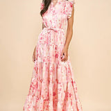 SATIN TIERED PRINTED MAXI DRESS