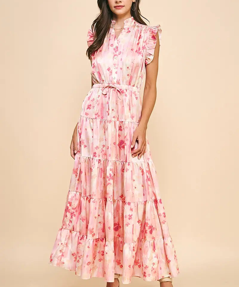 SATIN TIERED PRINTED MAXI DRESS