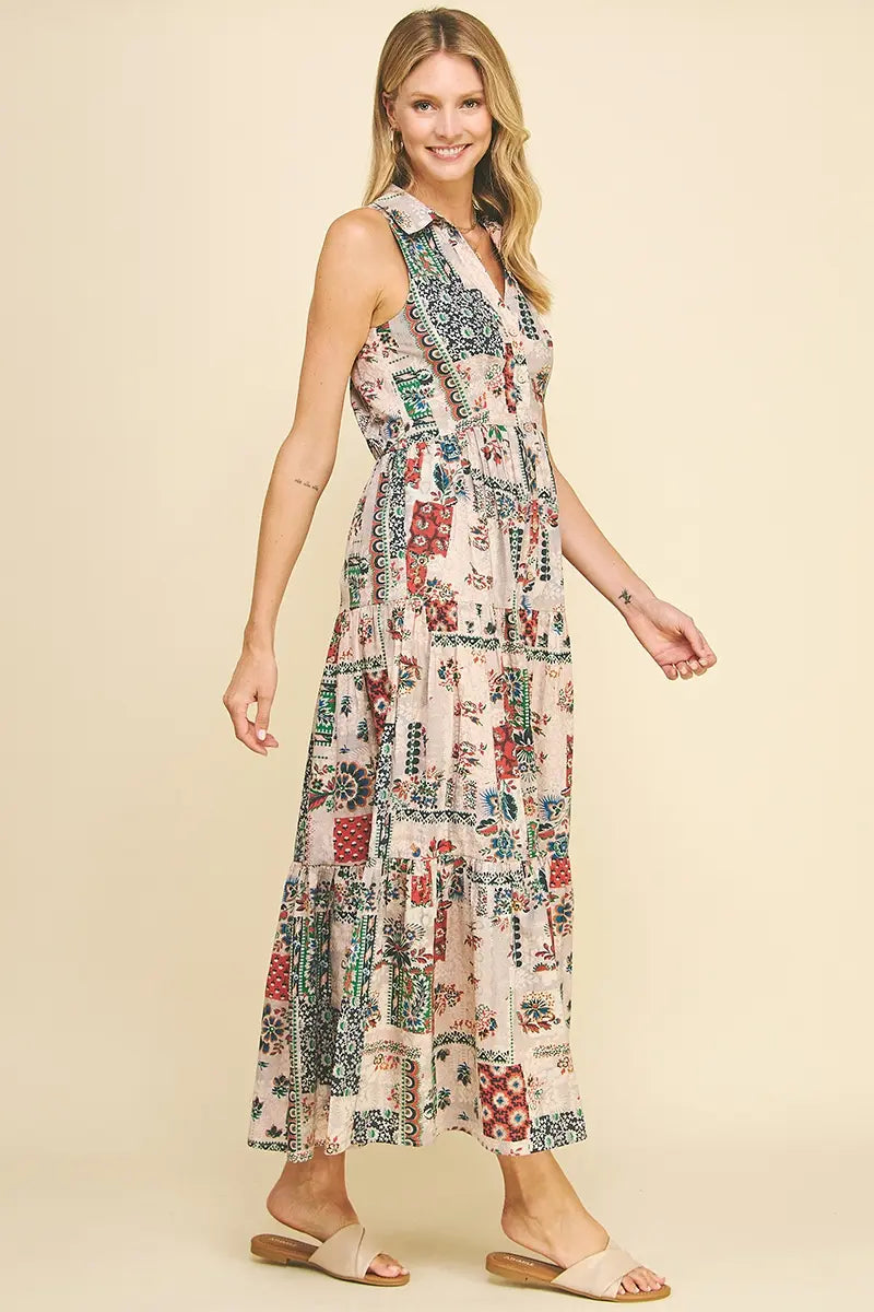 SLEEVELESS PRINT TIERED MAXI DRESS