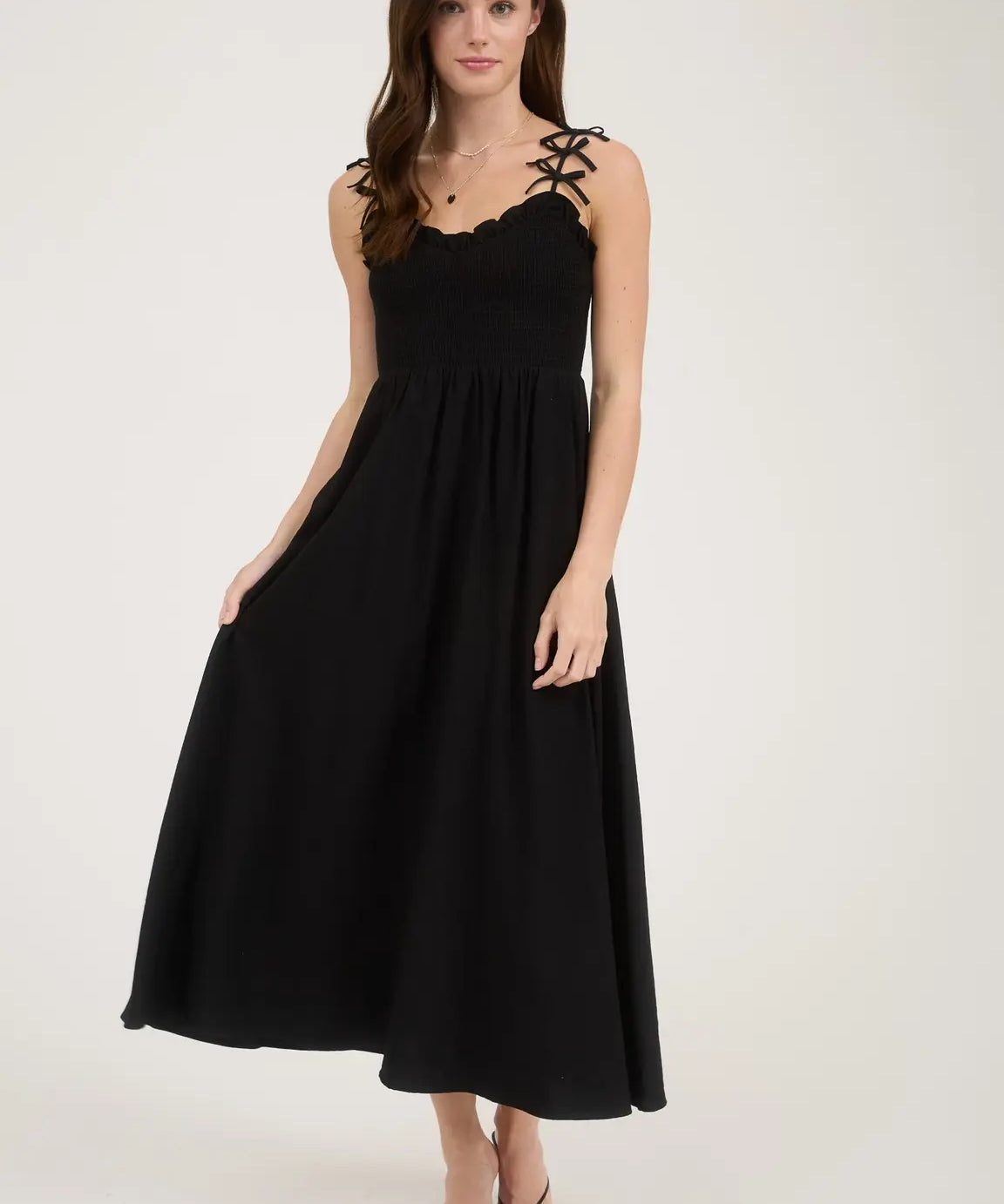 BOW STRAP SMOCKED MIDI DRESS