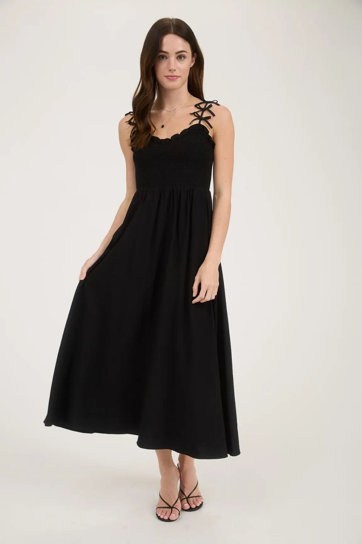 BOW STRAP SMOCKED MIDI DRESS