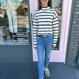 PEARL JEWELED SHOULDER STRIPED SWEATER