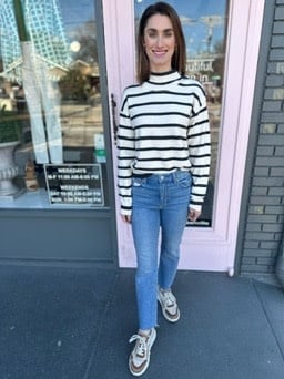 PEARL JEWELED SHOULDER STRIPED SWEATER