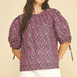 GEOMETRIC PRINT PUFF SLEEVE BLOUSE