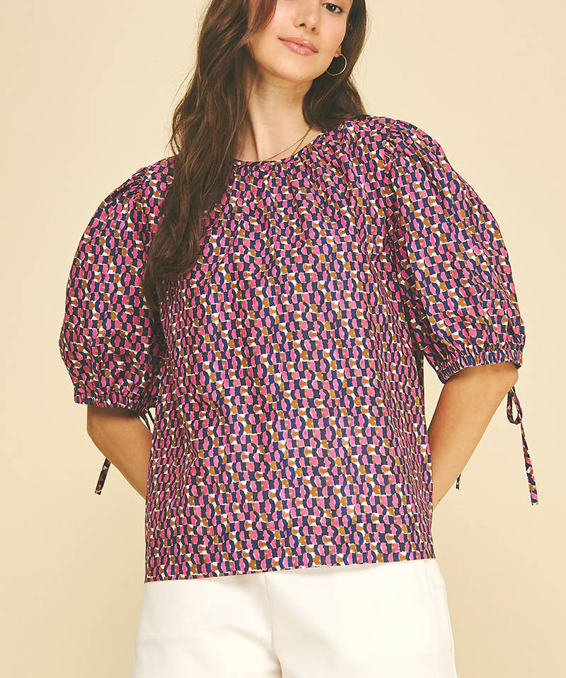 GEOMETRIC PRINT PUFF SLEEVE BLOUSE