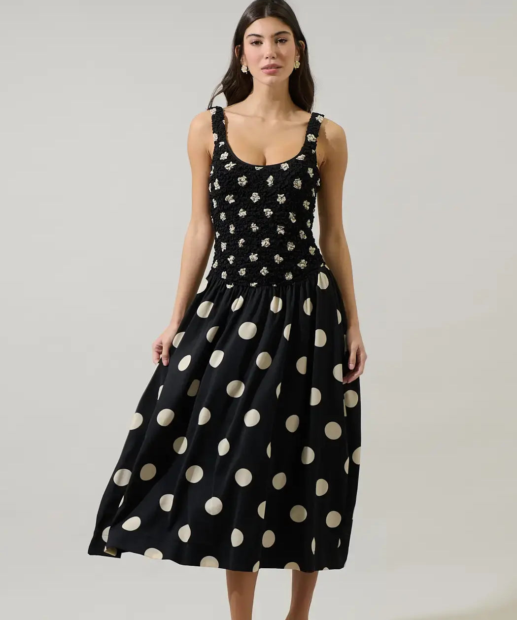 EMERSON DOT RUCHED MIDI DRESS