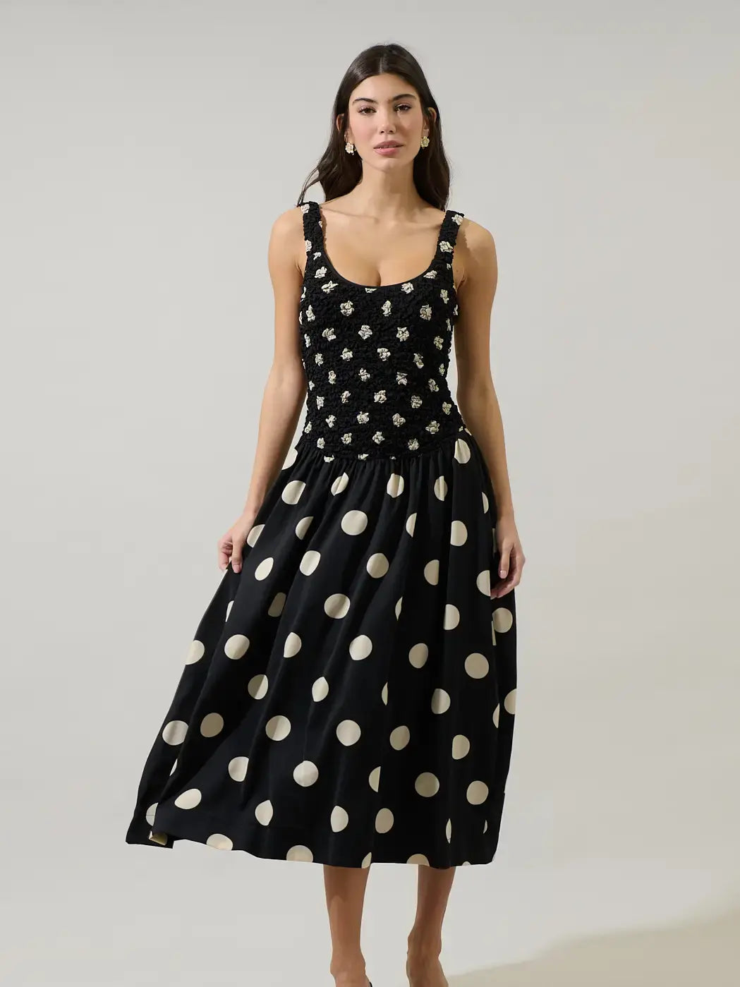 EMERSON DOT RUCHED MIDI DRESS