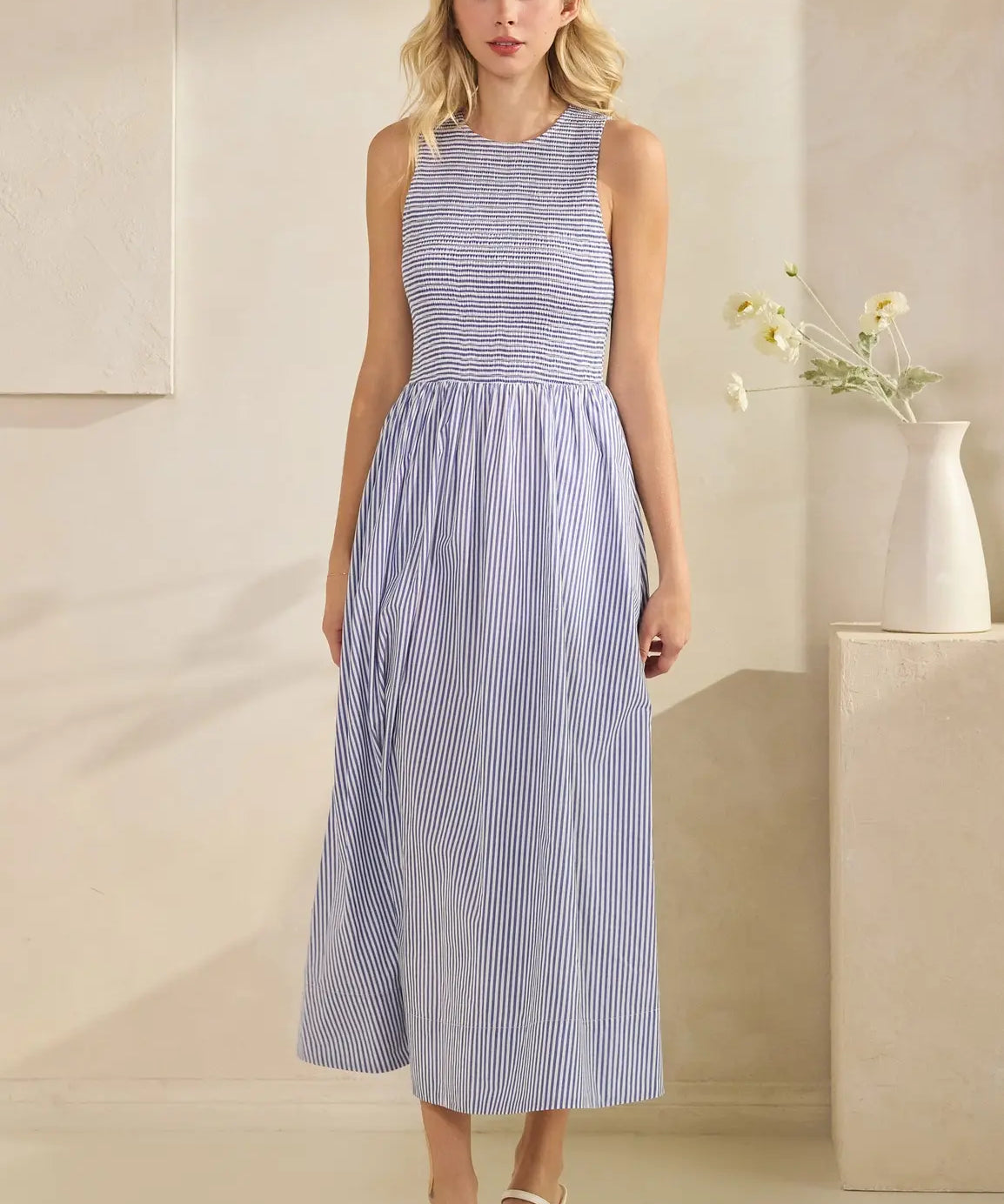 SLVLESS STRIPED SMOCKED MAXI DRESS