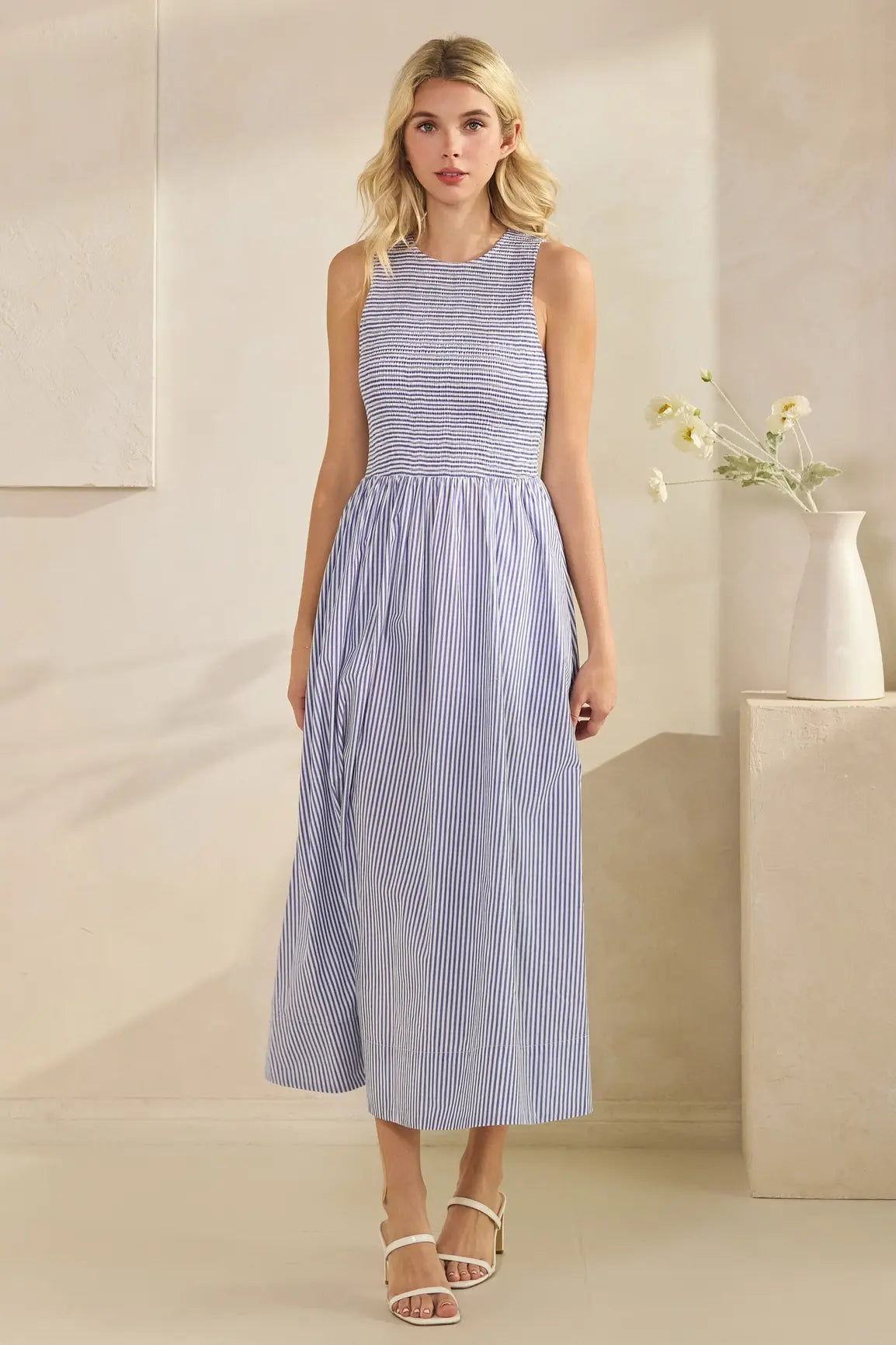 SLVLESS STRIPED SMOCKED MAXI DRESS