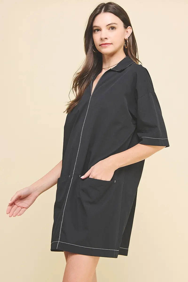 V NECK STITCH MINI DRESS